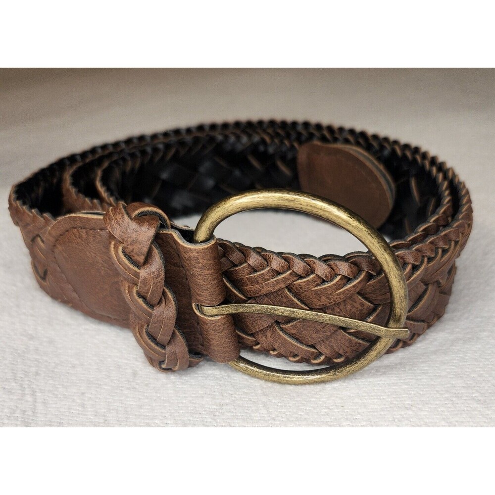 Brown Braided Faux Leather Belt with Brass Buckle Womens Size 12
